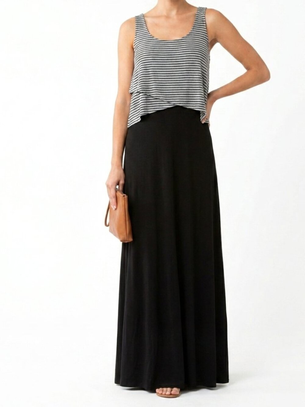 Chelsea & Theodore Striped Crossover Tiered Maxi Dress Black Grey Size M Medium